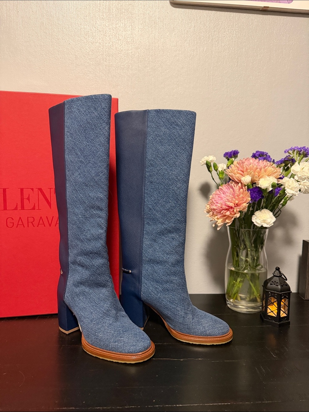 Chloe Blue Denim Mid-Calf Block Heel Boots with Leather Panels